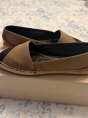 Burberry Tan Canvas Espadrille with Black & Red Stripe Accents